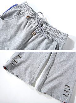 Stylish Hole Stitching T-shirt & Causal Straight Pants
