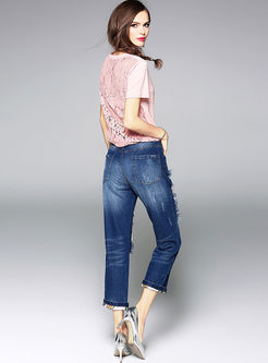 Fashion Lace Hollow Out T-shirt & Straight Jeans