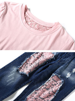 Fashion Lace Hollow Out T-shirt & Straight Jeans