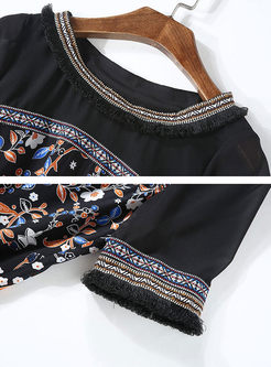 Ethnic Silk Floral Print Short Sleeve Skater Dress