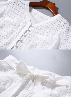 Cute White Waist V-neck Short Sleeve Top & Straight Mini Pants