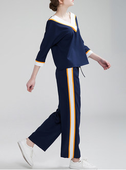 Fashion V-neck Stripe Top & Casual Stripe Loose Pants