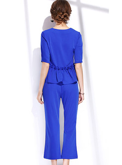 Fashion Blue Falbala Half Sleeve Top & Brief Slim Flare Pants