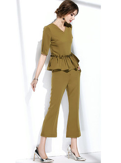 Fashion Green Falbala Half Sleeve Top & Brief Slim Flare Pants