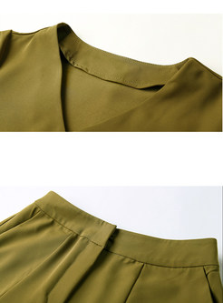 Fashion Green Falbala Half Sleeve Top & Brief Slim Flare Pants