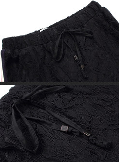 Stylish Black Striped Embroidery Lace Loose Pants
