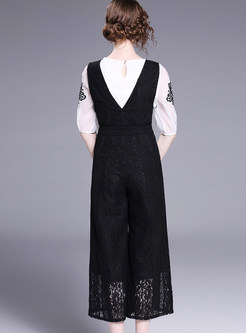 Brief White Embroidery Tops & Black Pure Color Loose Jumpsuits