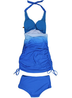Plain Blue Print Halter Neck Swimwear