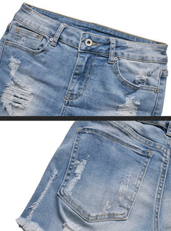 Fashion Blue Ripped Asymmetrical Mini Denim Pants