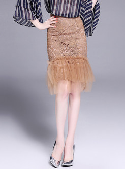 Sexy Brown Asymmetrical Lace Midi Skirt