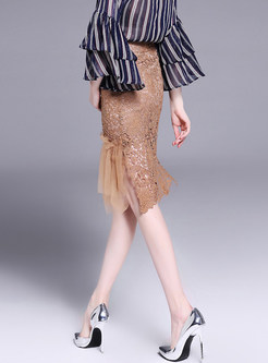Sexy Brown Asymmetrical Lace Midi Skirt