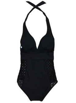 Black Halter Neck Lace One-piece Swimwear