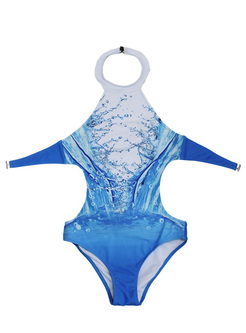 Chic Blue Print Halter Neck One-piece Swimwear