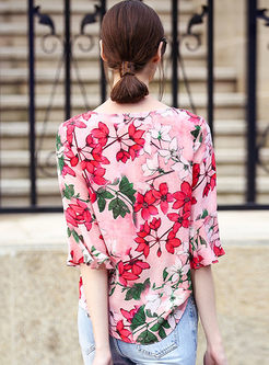 Floral Print Silk Flare Sleeve T-shirt