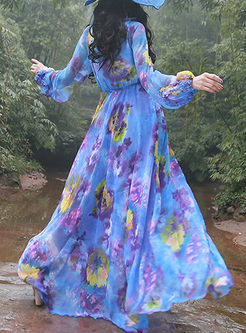 Floral Print O-neck Long Sleeve Maxi Dress