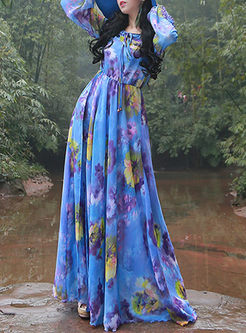 Floral Print O-neck Long Sleeve Maxi Dress