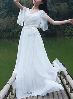 Elegant White Falbala Half Sleeve Maxi Dress