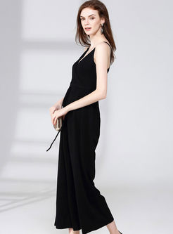 Pure Color High Waist V-neck Sleeveless Jumpsuits
