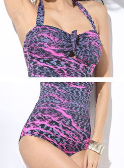 Leopard Print Halter Neck One Piece Swimwear