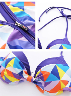 Geometric Patterns Bikini Swimwear With Sleeveless Coat 