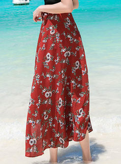 Chiffon Floral Print High Slit Skirt