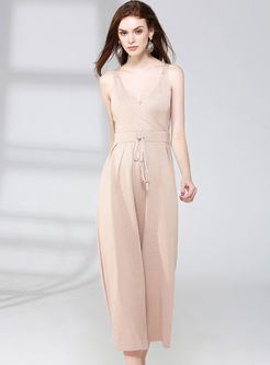 Pure Color High Waist V-neck Sleeveless Jumpsuits