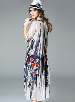 Vintage Floral Print Half Sleeve Shift Dress