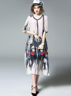 Vintage Floral Print Half Sleeve Shift Dress