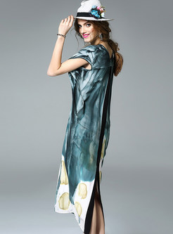 Asymmetric Floral Print Silk Short Sleeve Shift Dress