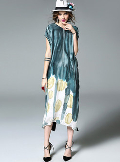 Asymmetric Floral Print Silk Short Sleeve Shift Dress