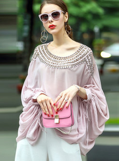 Nail Bead Loose Lantern Sleeve Blouse With Camis