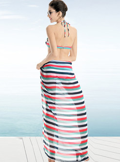 Stripe Print Halter Neck Bikini Swimwear With Mantillas