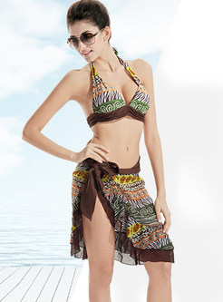 Asymmetry Print Halter Neck Bikini With Mantillas