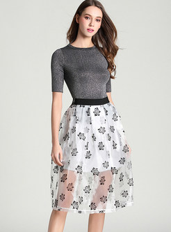 Slim O-neck Short Sleeve Blouse & Rose Print See Through Skirt