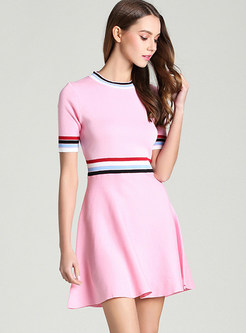 Hit Color Stripe Kintted Short Sleeve Knitted Dress