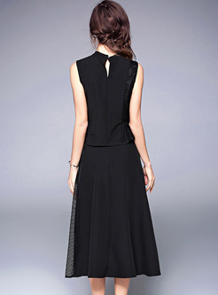 Mesh Stitching Sleeveless Black Blouse & Asymmetry Skirt