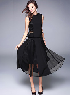 Mesh Stitching Sleeveless Black Blouse & Asymmetry Skirt