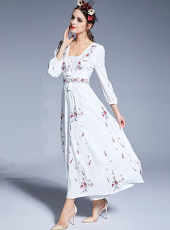 Sexy Embroidered Three Quarters Sleeve Maxi Dress