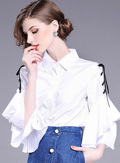 Turn Down Collar Flare Sleeve White Blouse