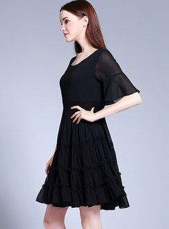 Chiffon Stitching Flare Sleeve Black Skater Dress