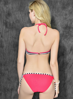 Stylish Stripe Color-blocked Halter Neck Bikini