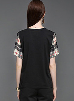 Plaid Stitching Silk Short Sleeve T-shirt