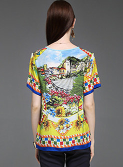 Floral Print Silk O-neck Short Sleeve T-Shirt