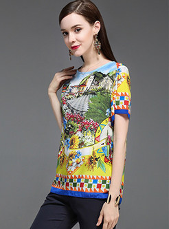Floral Print Silk O-neck Short Sleeve T-Shirt