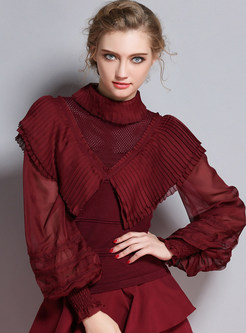 Hollow Out Wrinkle Turtle Collar Lantern Sleeve Blouse