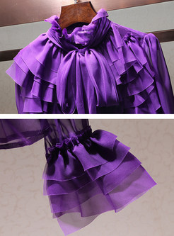 Sweet Bowknot Stand Collar Long Sleeve Purple Blouse