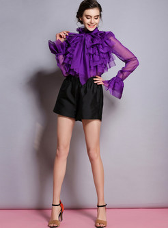Sweet Bowknot Stand Collar Long Sleeve Purple Blouse