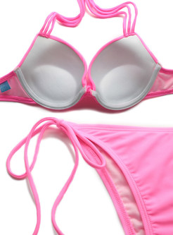 Bowknot Halter Neck Pink Bikini Swimwear