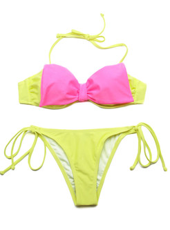 Bowknot Hit Color Bandeau Neck Bikini Swimwear