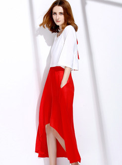 O-neck Half Sleeve White Blouse & Asymmetry Elegant Red Skirt